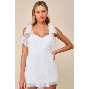Lulus Precious Whimsy White Mesh Embroidered Tie-strap Skort Romper - Size S